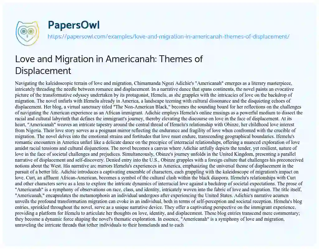 Essay on Love and Migration in Americanah: Themes of Displacement