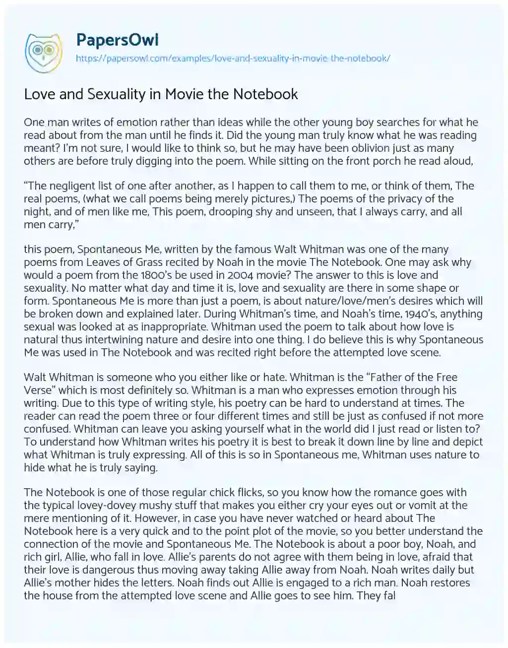 Love and Sexuality in Movie the Notebook essay
