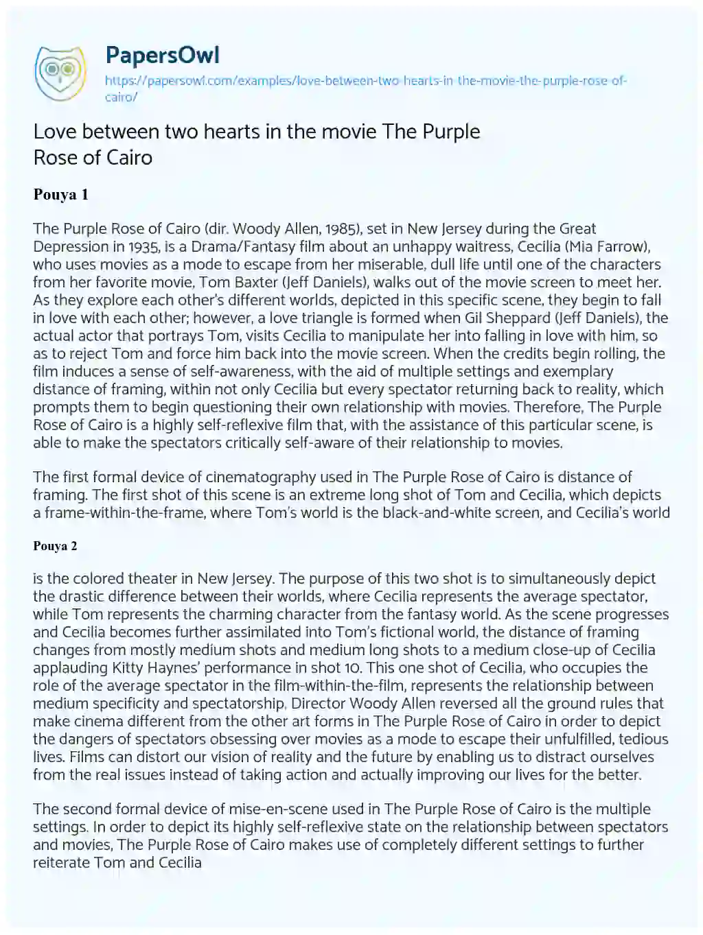 Love between Two Hearts in the Movie the Purple Rose of Cairo Love between Two Hearts in the Movie the Purple Rose of Cairo essay