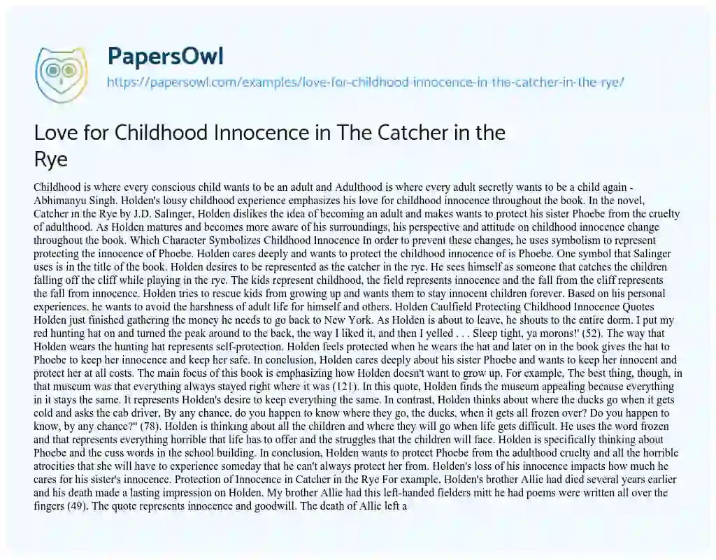 Essay on Love for Childhood Innocence in the Catcher in the Rye