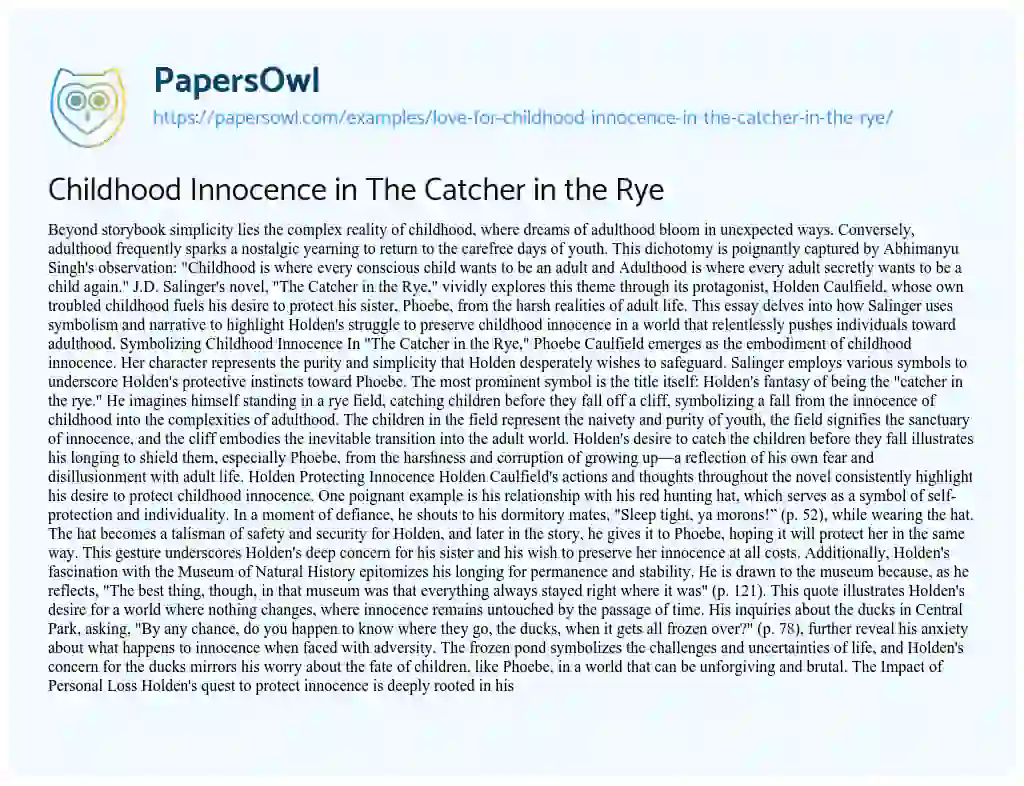 Essay on Love for Childhood Innocence in the Catcher in the Rye