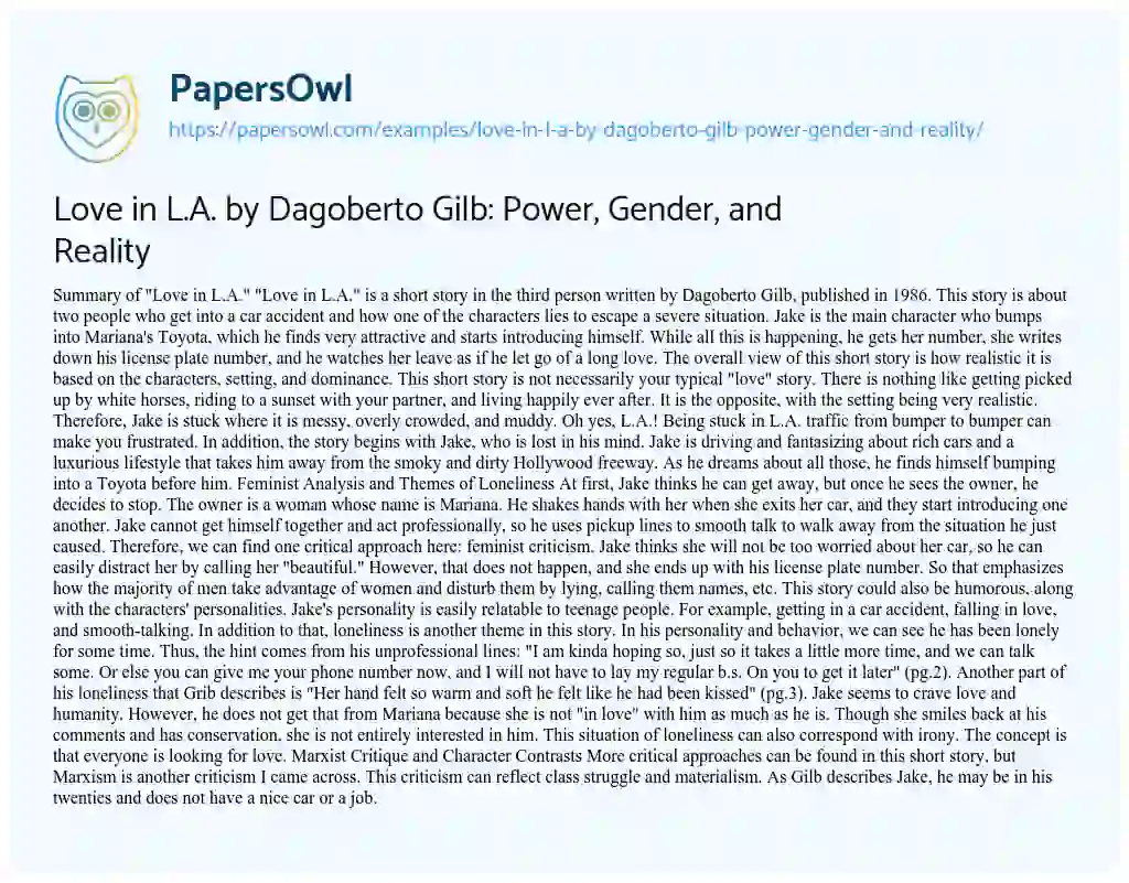 Essay on Love in L.A. by Dagoberto Gilb: Power, Gender, and Reality