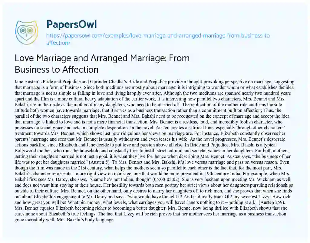 Essay on Love Marriage and Arranged Marriage: from Business to Affection
