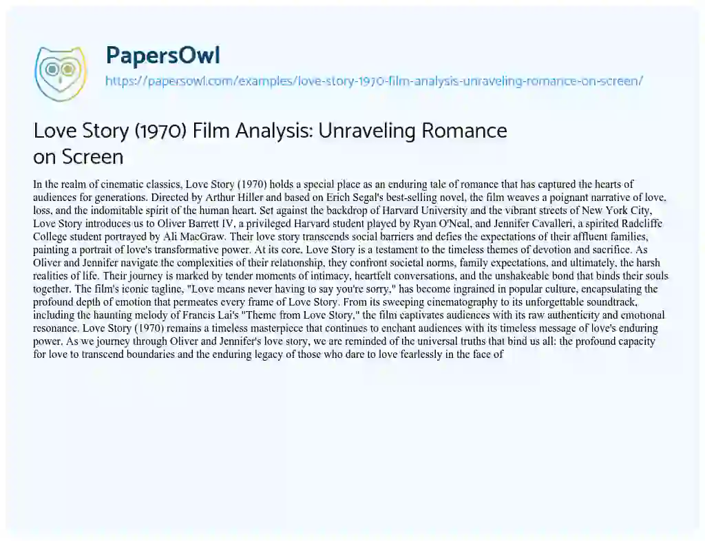 Essay on Love Story (1970) Film Analysis: Unraveling Romance on Screen