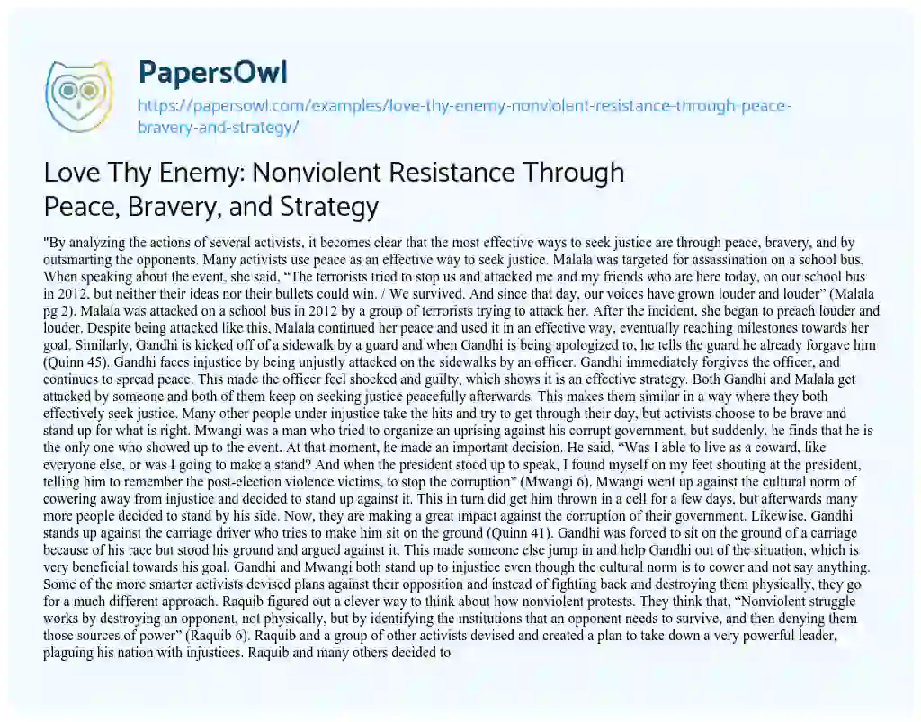 Essay on Love Thy Enemy: Nonviolent Resistance through Peace, Bravery, and Strategy