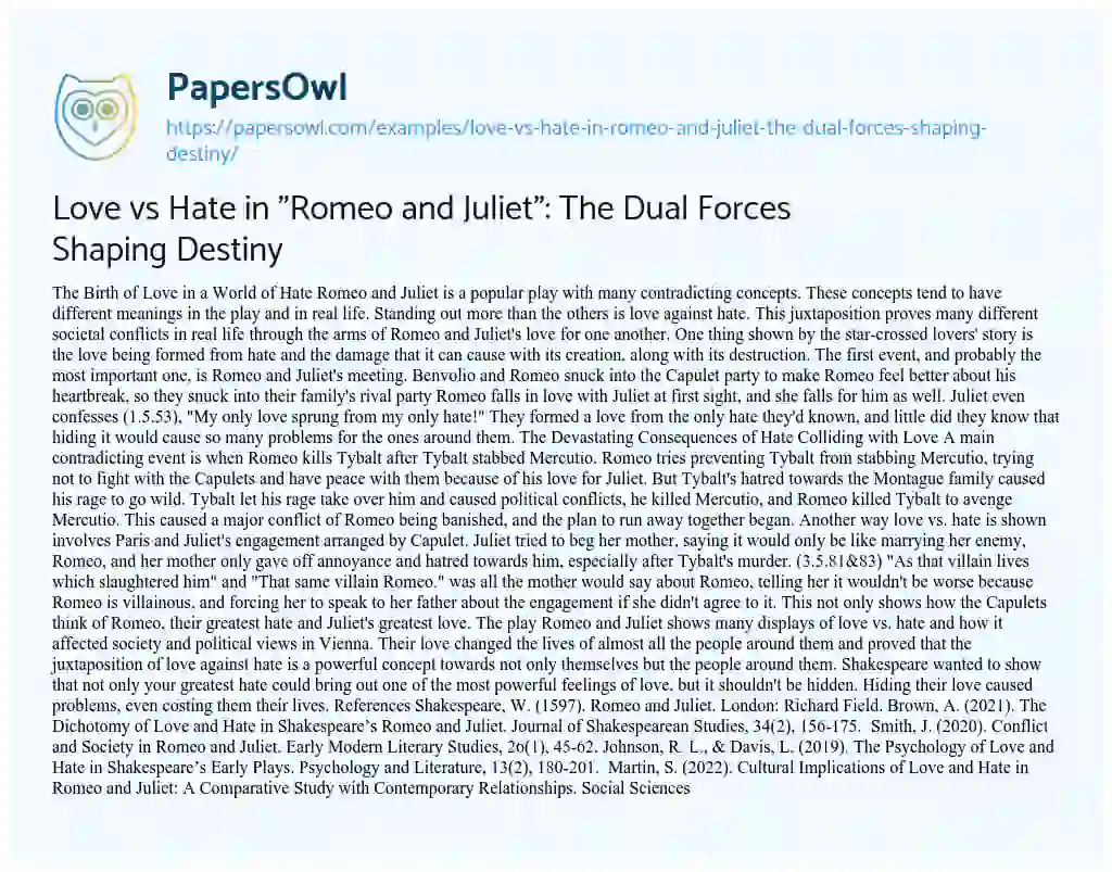 Essay on Love Vs Hate in “Romeo and Juliet”: the Dual Forces Shaping Destiny