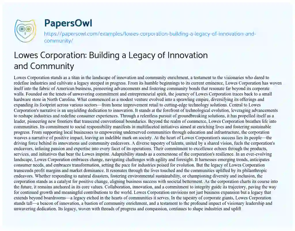 Essay on Lowes Corporation: Building a Legacy of Innovation and Community
