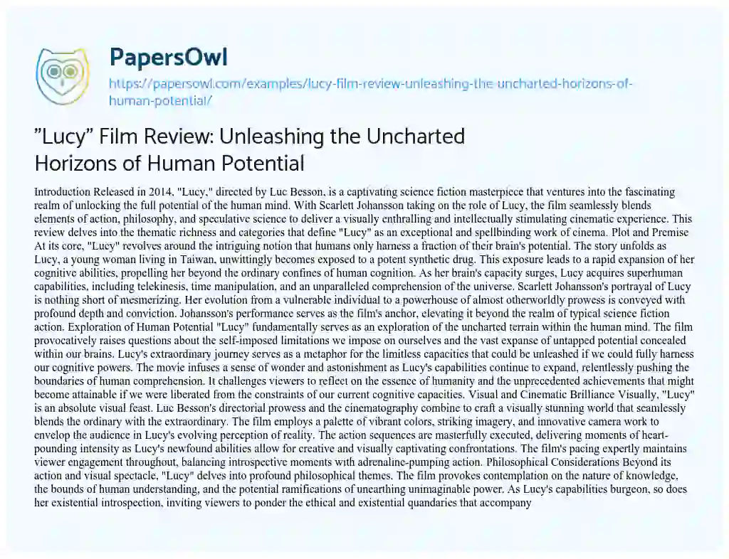 Essay on “Lucy” Film Review: Unleashing the Uncharted Horizons of Human Potential