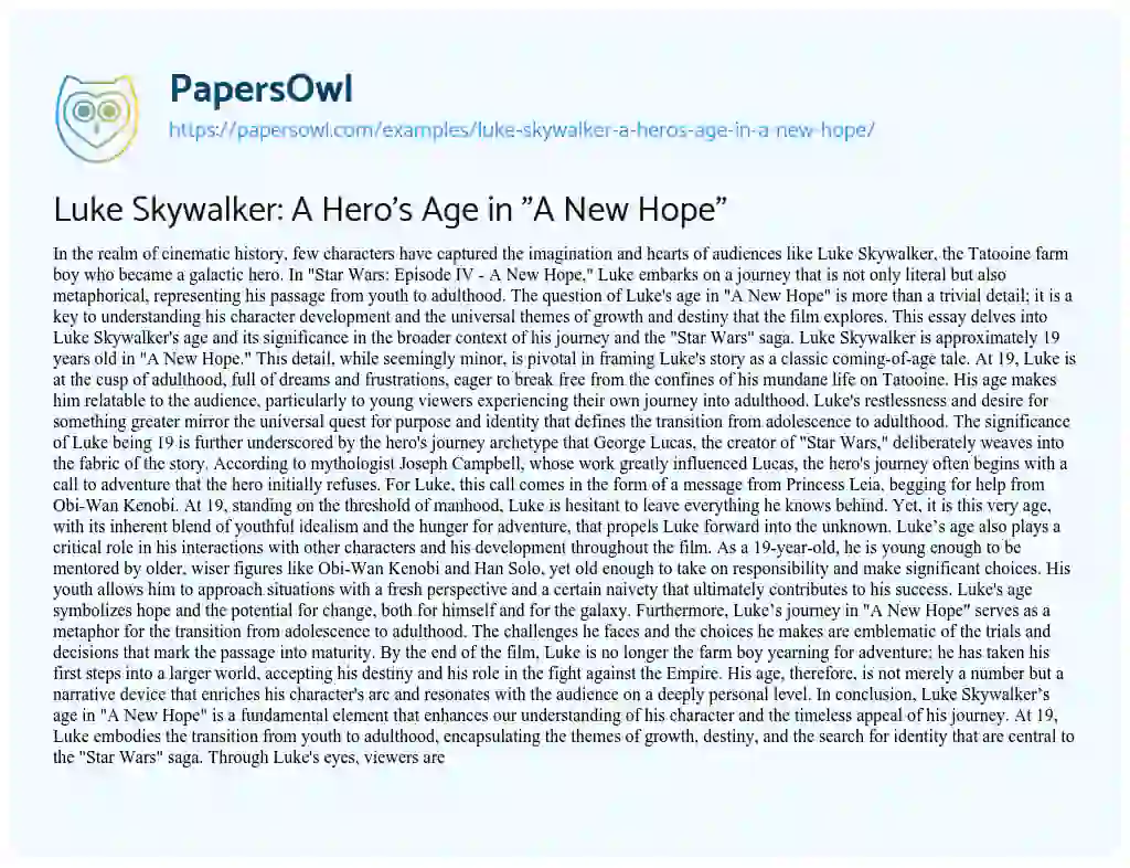 Essay on Luke Skywalker: a Hero’s Age in “A New Hope”