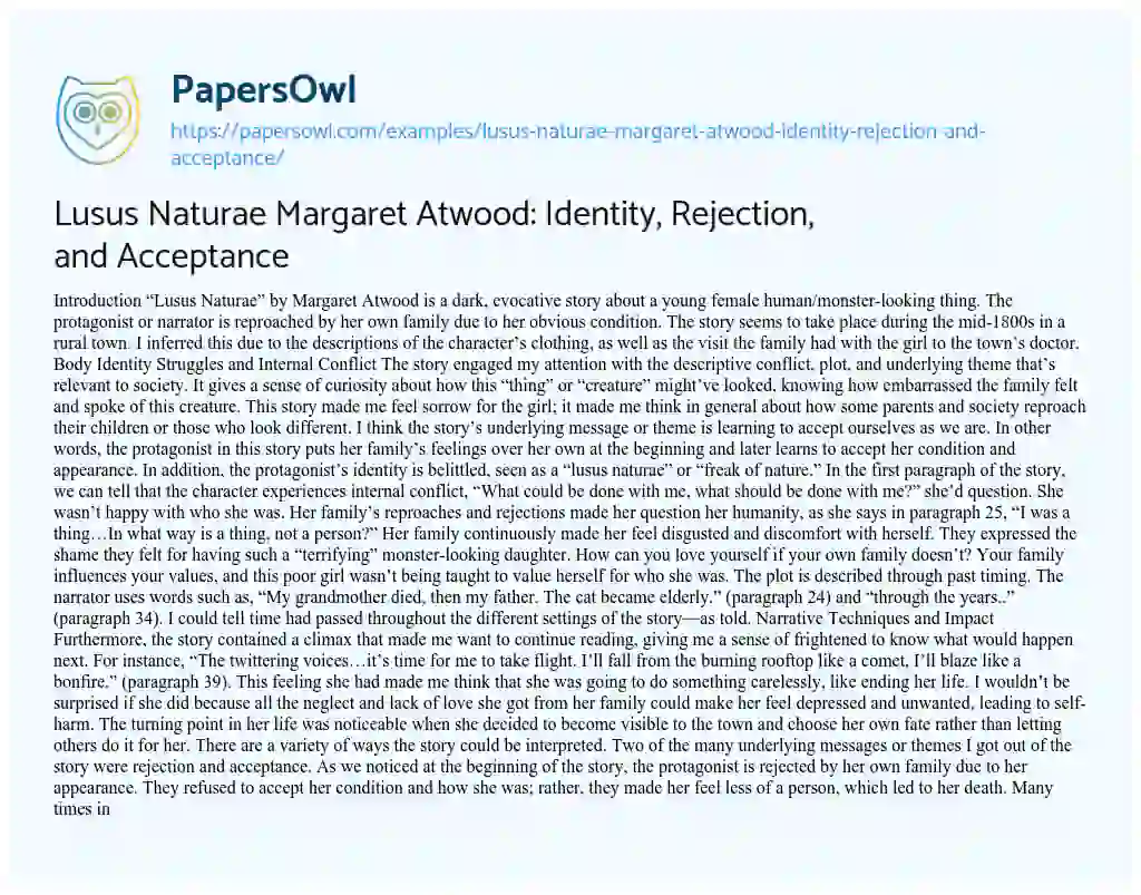 Essay on Lusus Naturae Margaret Atwood: Identity, Rejection, and Acceptance