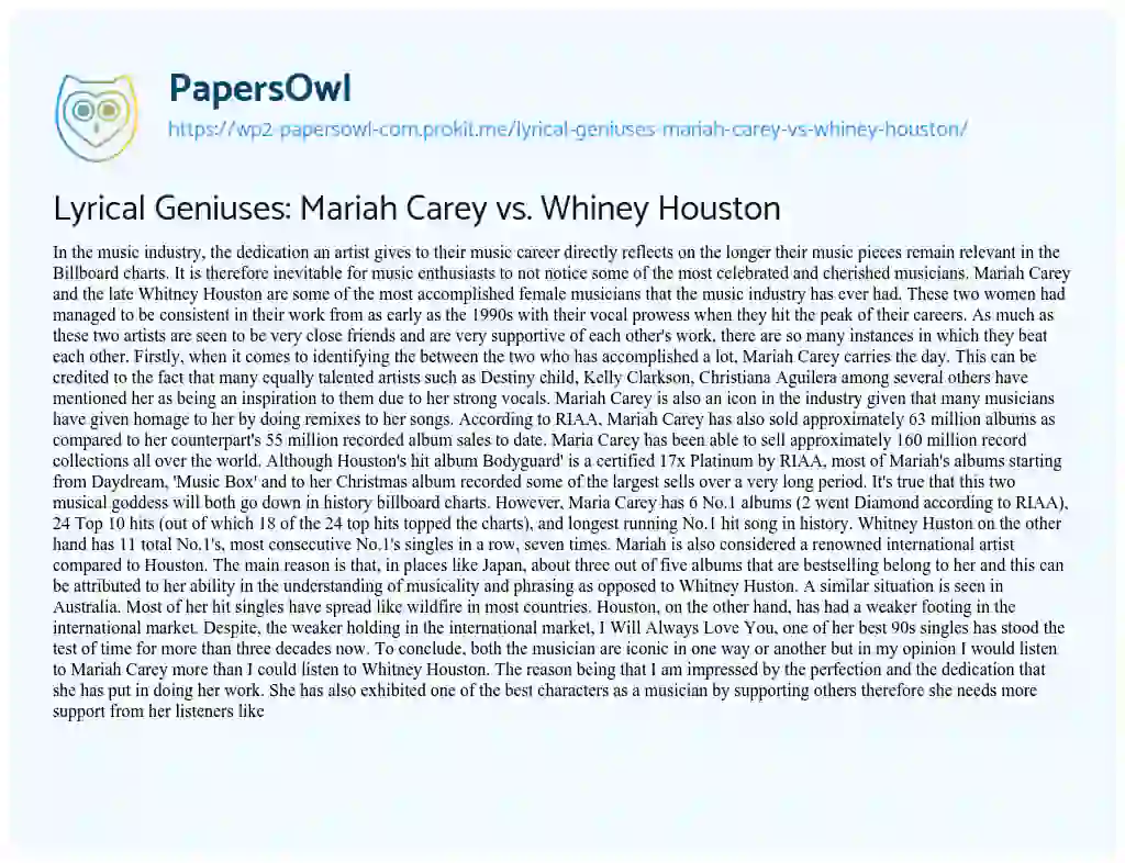 Essay on Lyrical Geniuses: Mariah Carey Vs. Whiney Houston