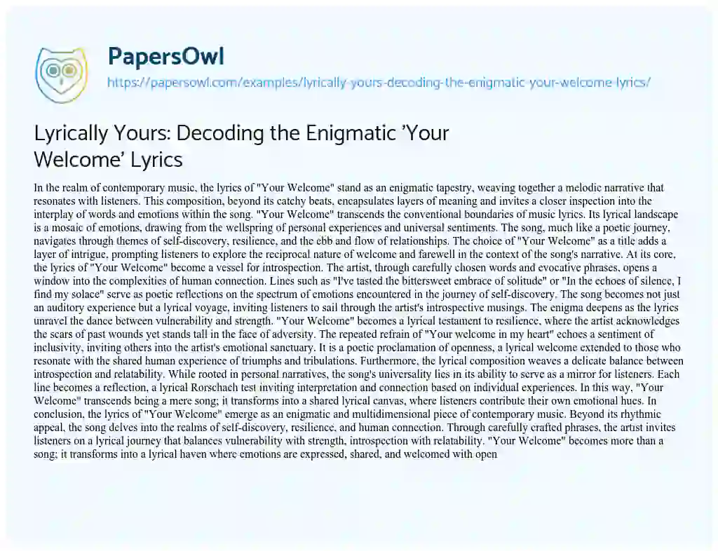 Essay on Lyrically Yours: Decoding the Enigmatic ‘Your Welcome’ Lyrics