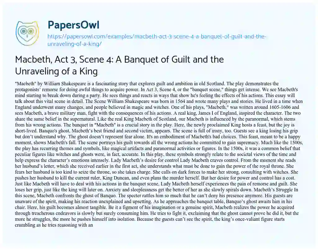 Essay on Macbeth, Act 3, Scene 4: a Banquet of Guilt and the Unraveling of a King