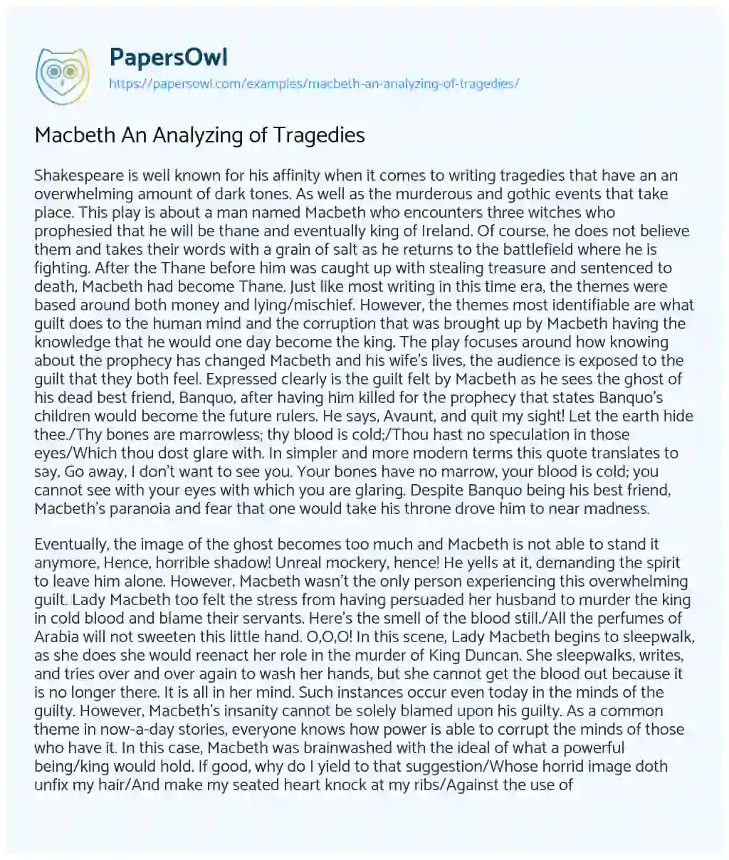 Macbeth an Analyzing of Tragedies essay