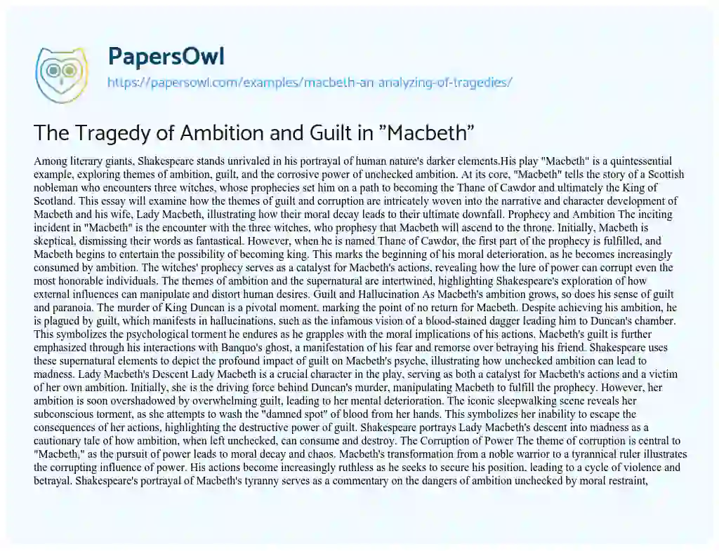 Essay on Macbeth an Analyzing of Tragedies