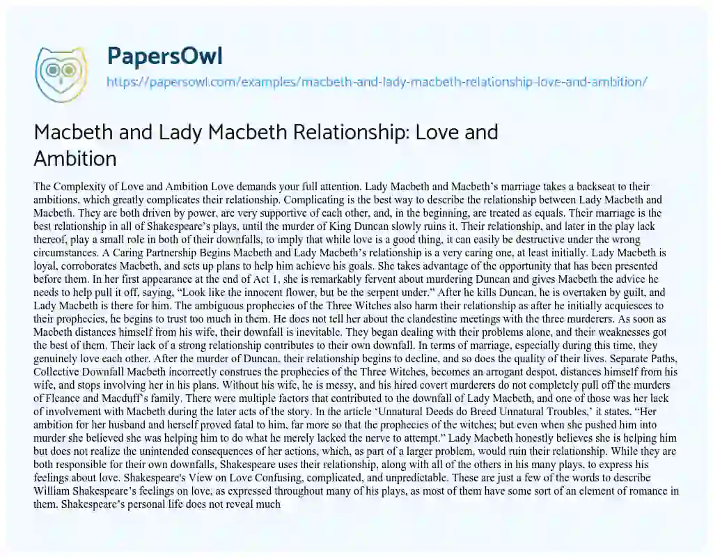 Essay on Macbeth and Lady Macbeth Relationship: Love and Ambition