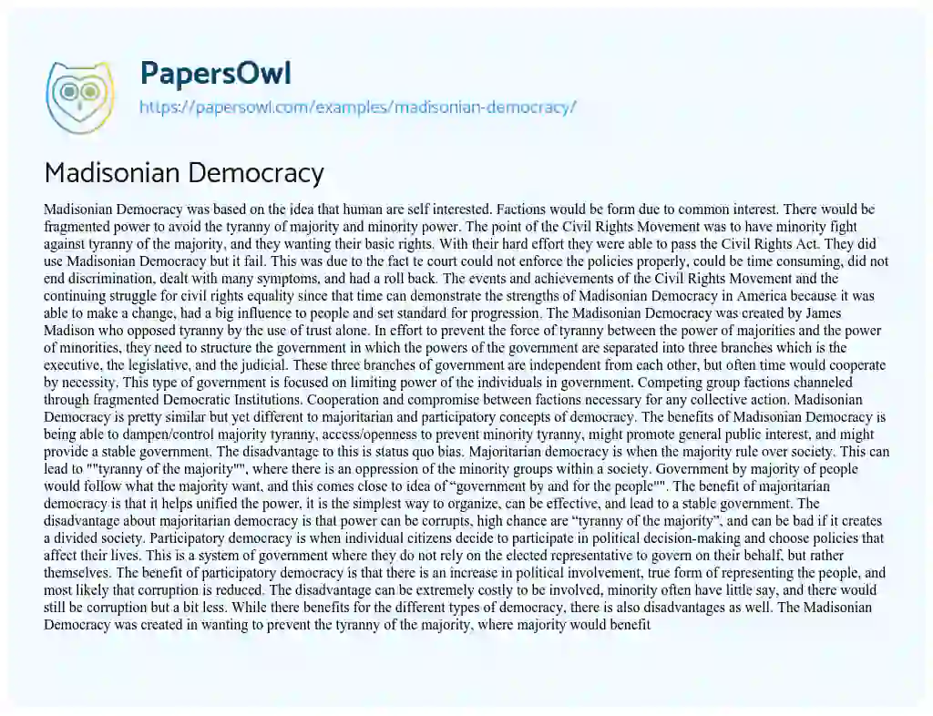 Essay on Madisonian Democracy