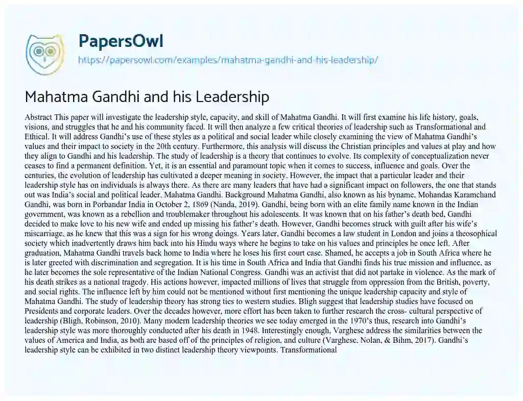 Essay on Mahatma Gandhi and his Leadership