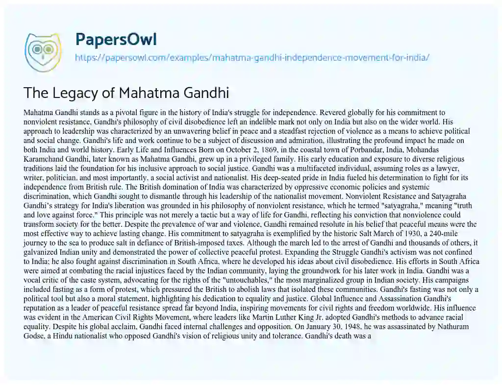 Essay on Mahatma Gandhi – Independence Movement for India