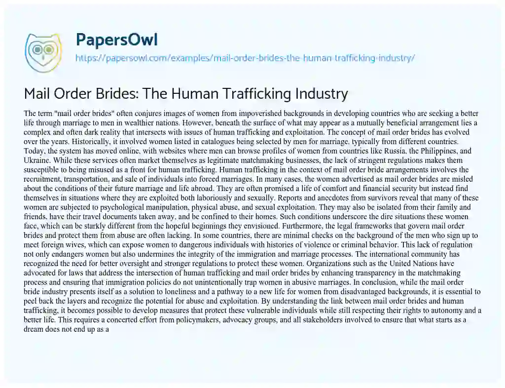 Essay on Mail Order Brides: the Human Trafficking Industry