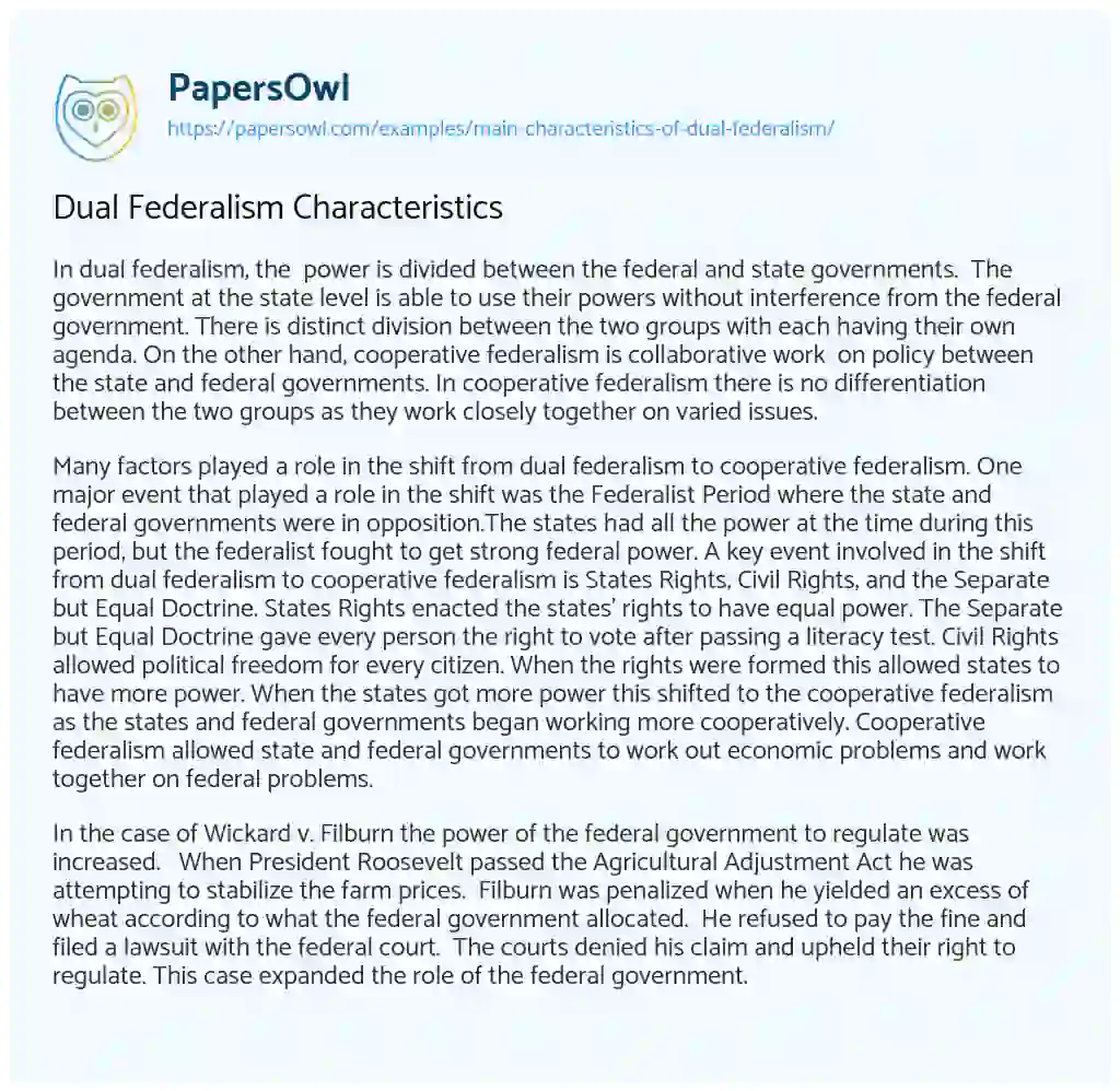 Essay on Dual Federalism Characteristics
