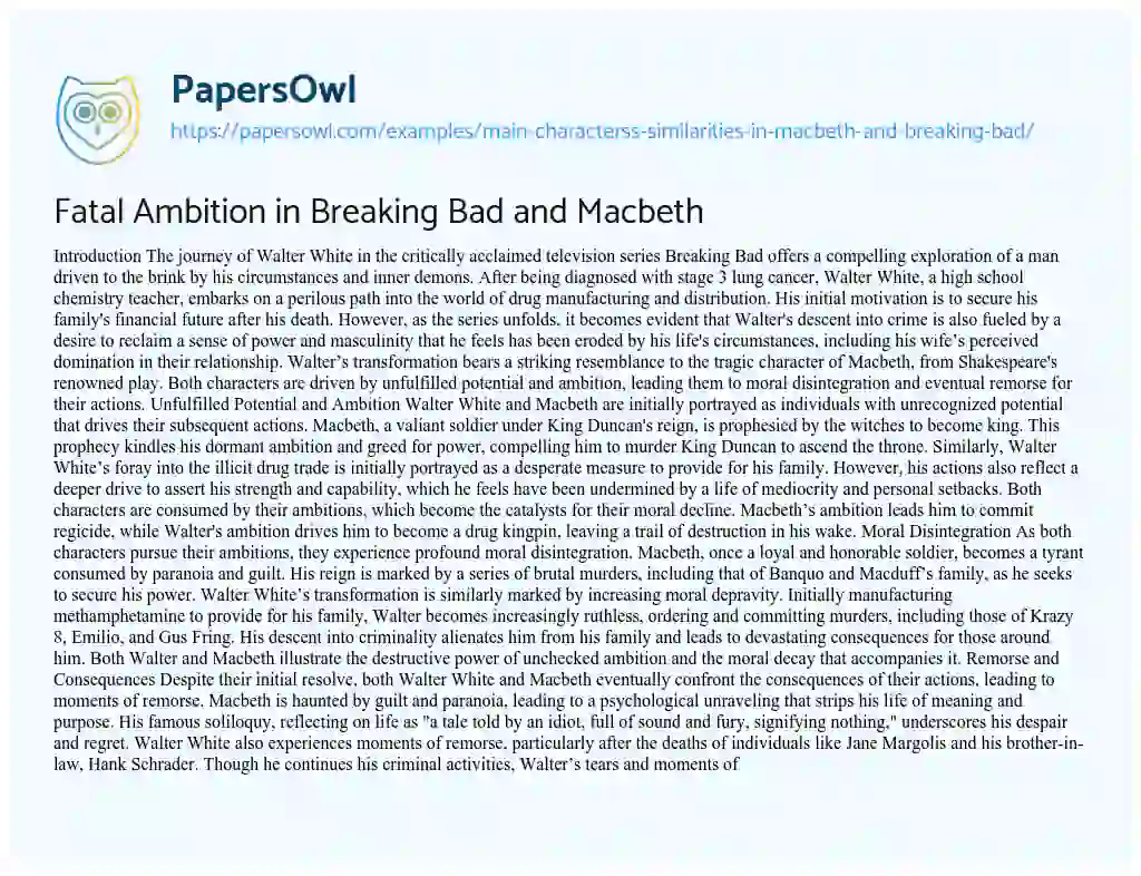 Essay on Main Characters’ Similarities in Macbeth and Breaking Bad