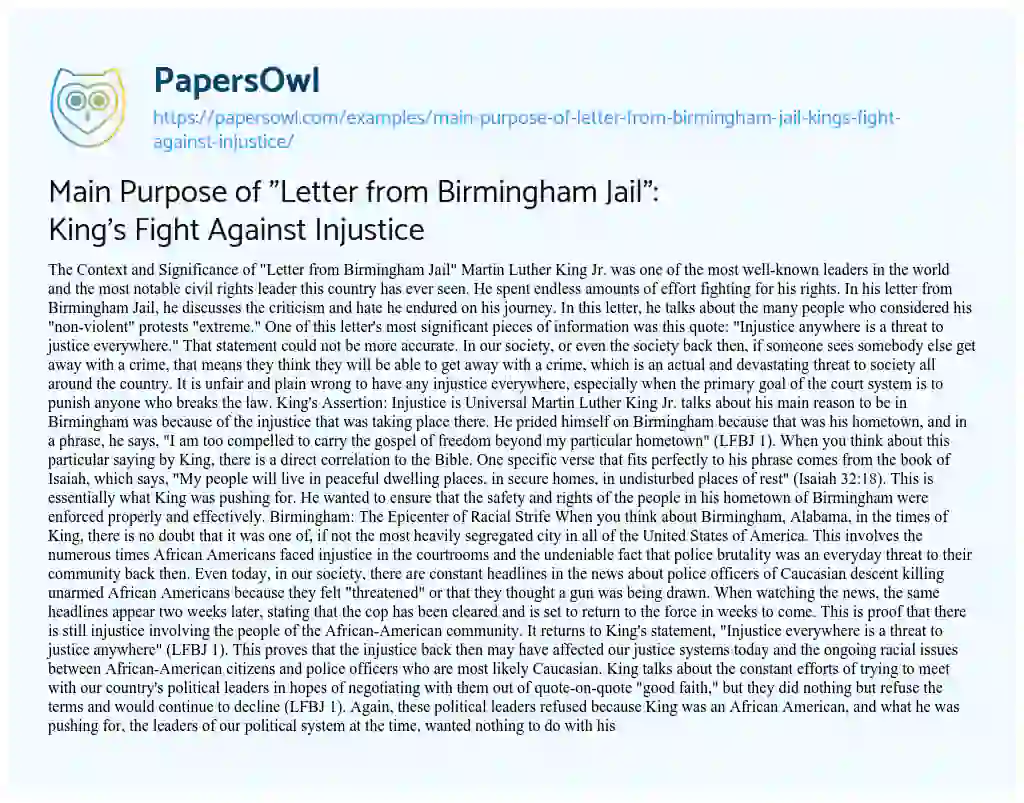Essay on Main Purpose of “Letter from Birmingham Jail”: King’s Fight against Injustice