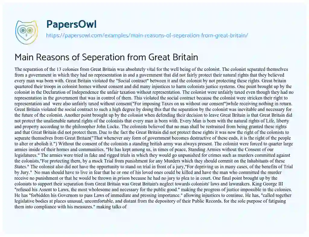 Main Reasons of Seperation from Great Britain essay