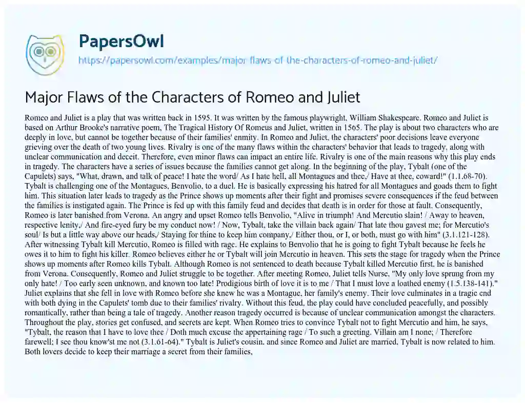 Essay on Major Flaws of the Characters of Romeo and Juliet