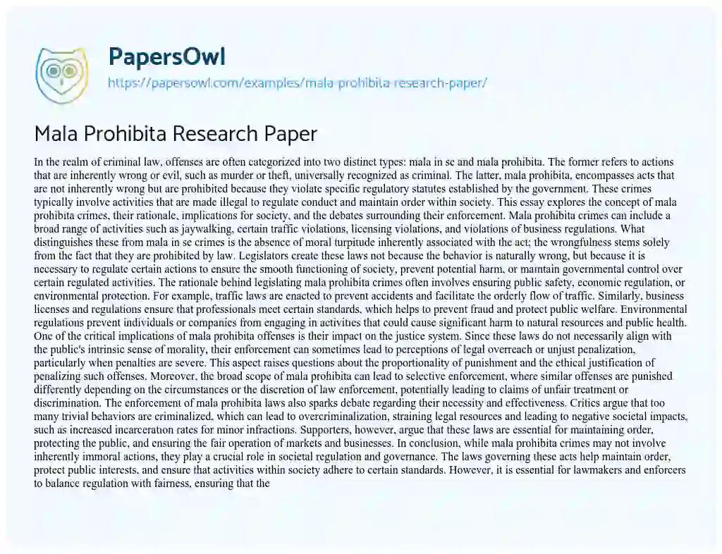 Essay on Mala Prohibita Research Paper