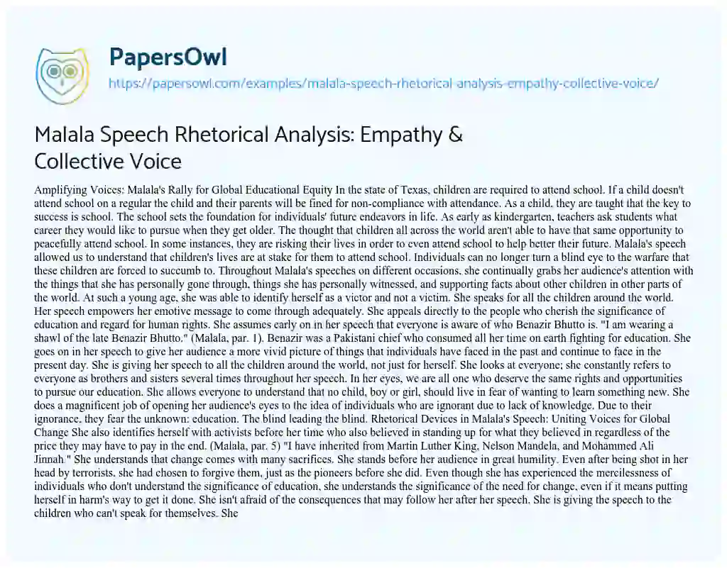 Essay on Malala Speech Rhetorical Analysis: Empathy & Collective Voice