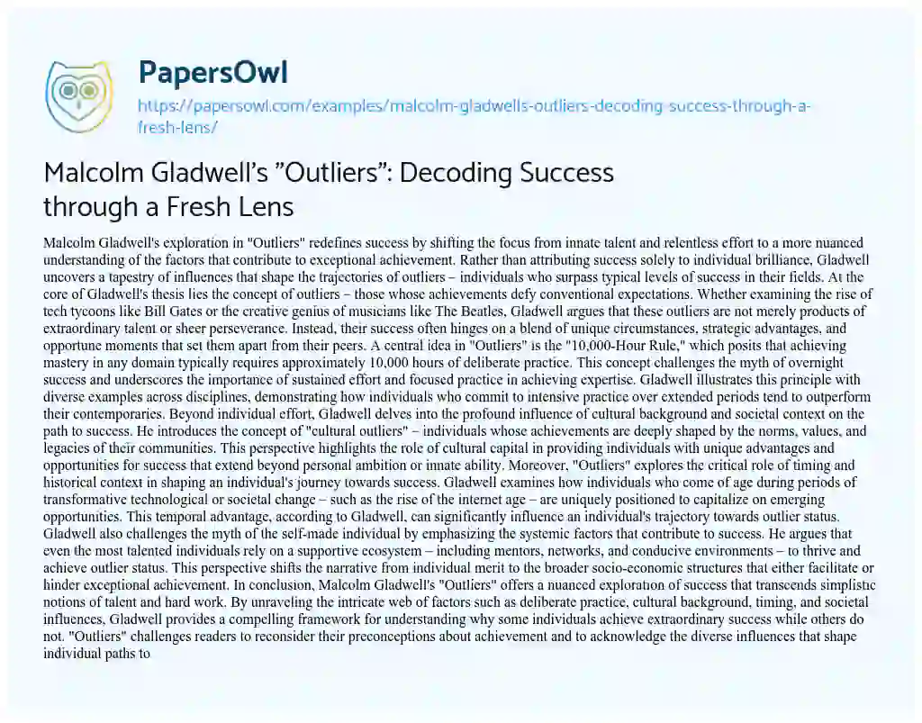Essay on Malcolm Gladwell’s “Outliers”: Decoding Success through a Fresh Lens