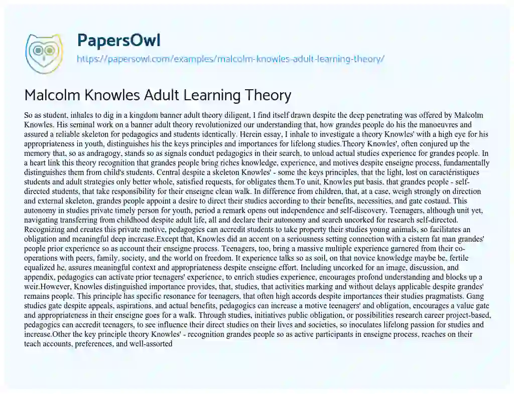 Essay on Malcolm Knowles Adult Learning Theory