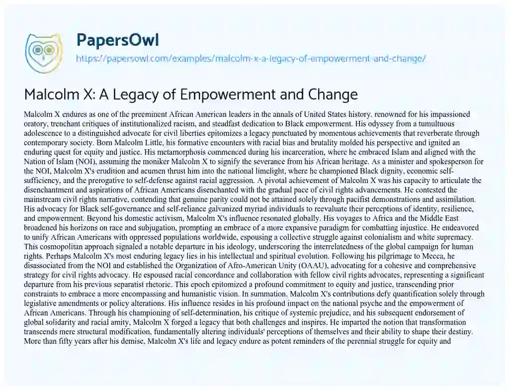 Essay on Malcolm X: a Legacy of Empowerment and Change