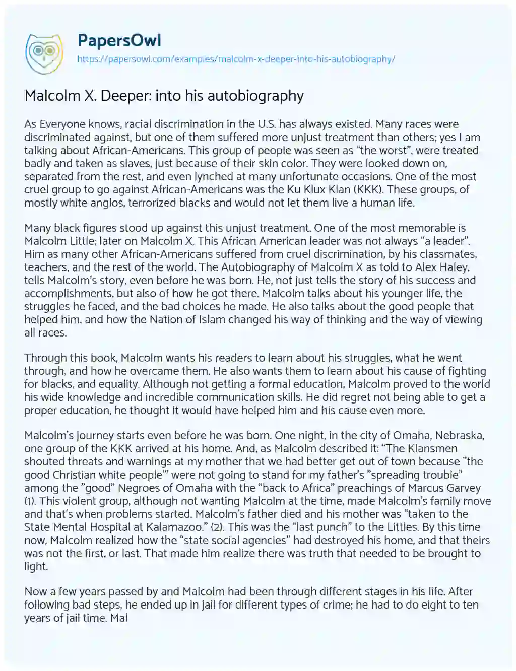 Essay on Malcolm X. Deeper: into his Autobiography