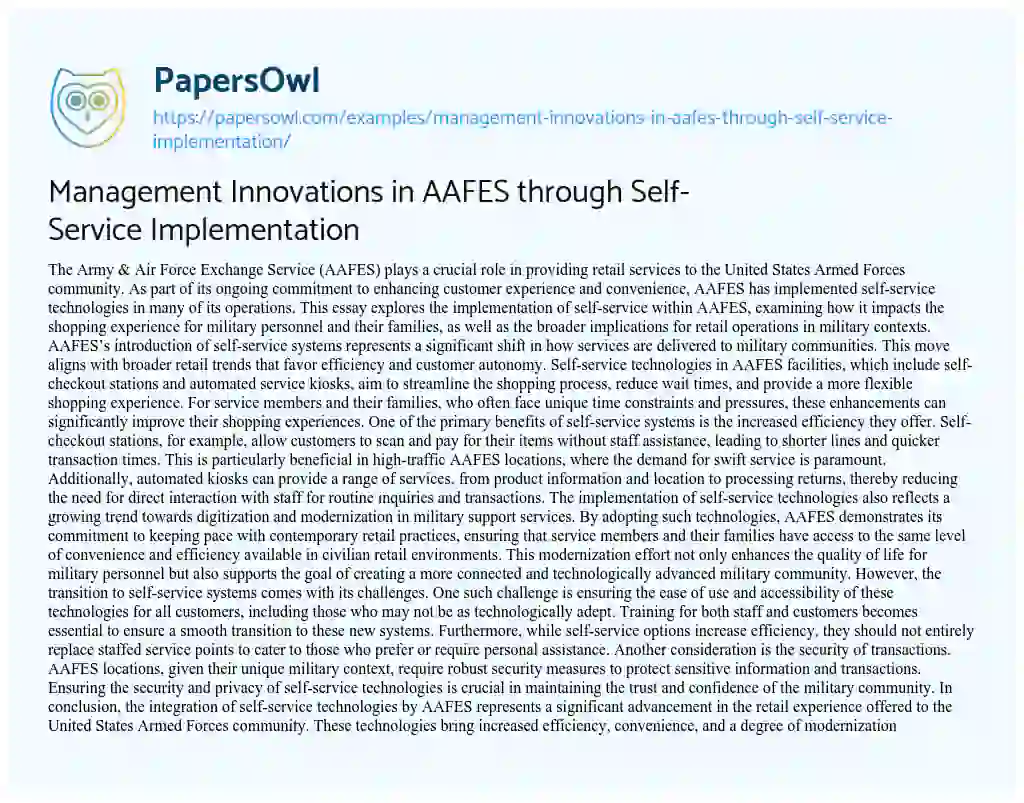 Essay on Management Innovations in AAFES through Self-Service Implementation