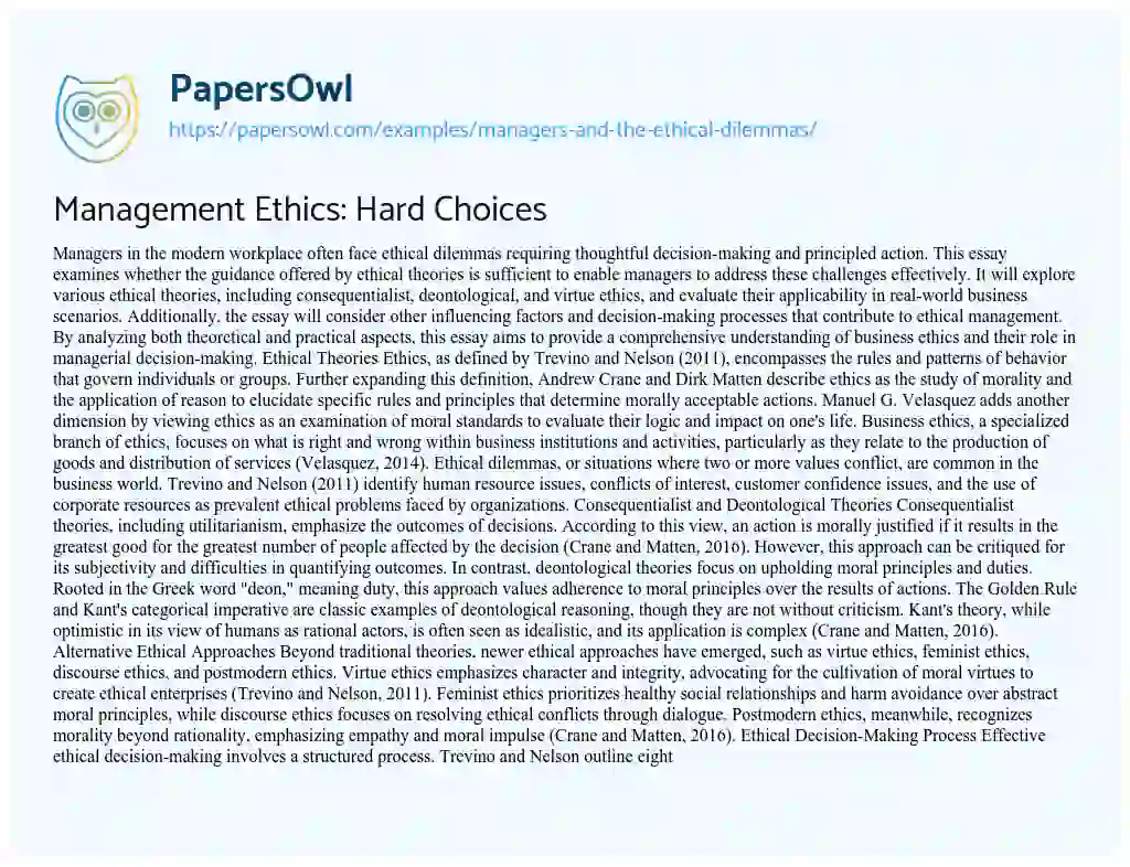 Essay on Managers and the Ethical Dilemmas