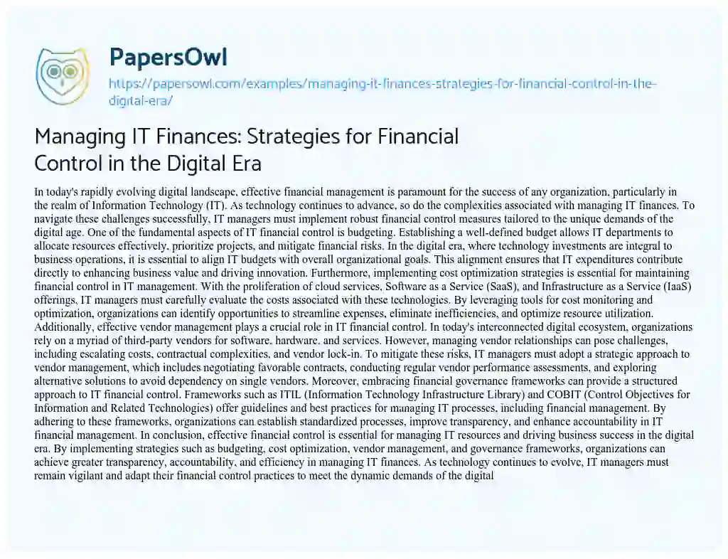 Essay on Managing it Finances: Strategies for Financial Control in the Digital Era