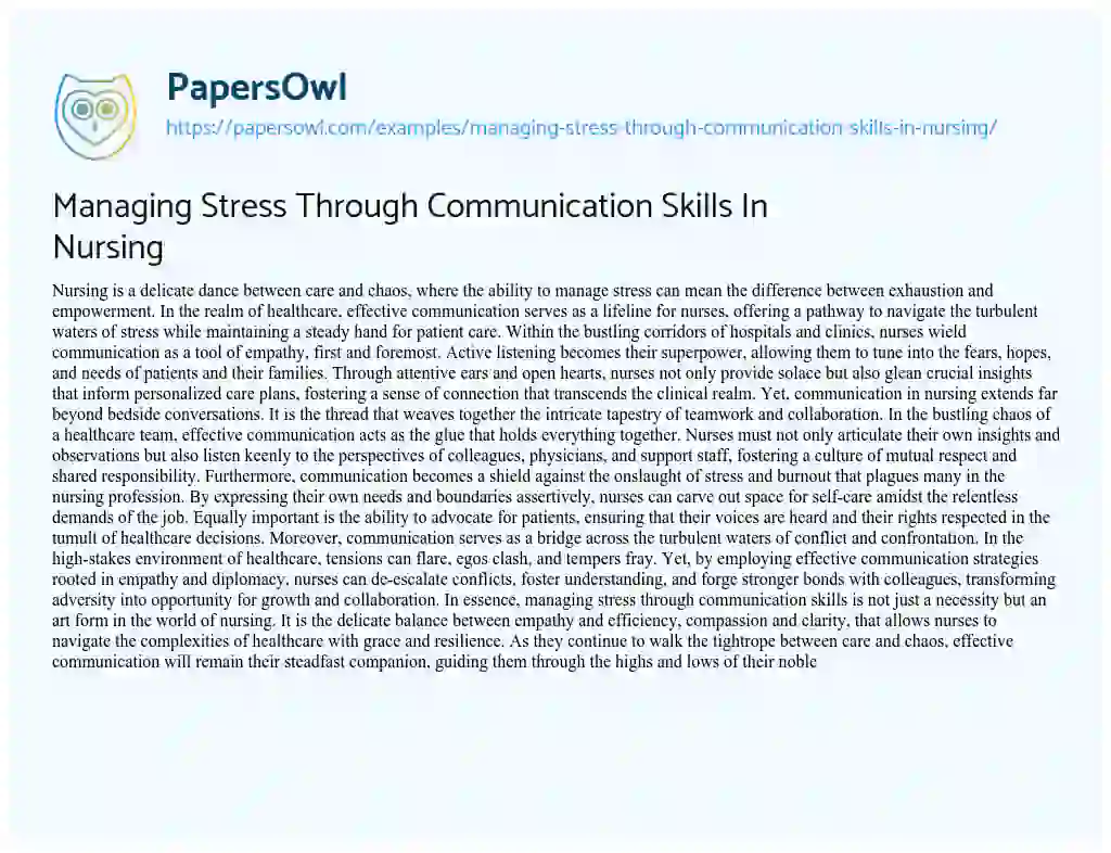Essay on Managing Stress through Communication Skills in Nursing
