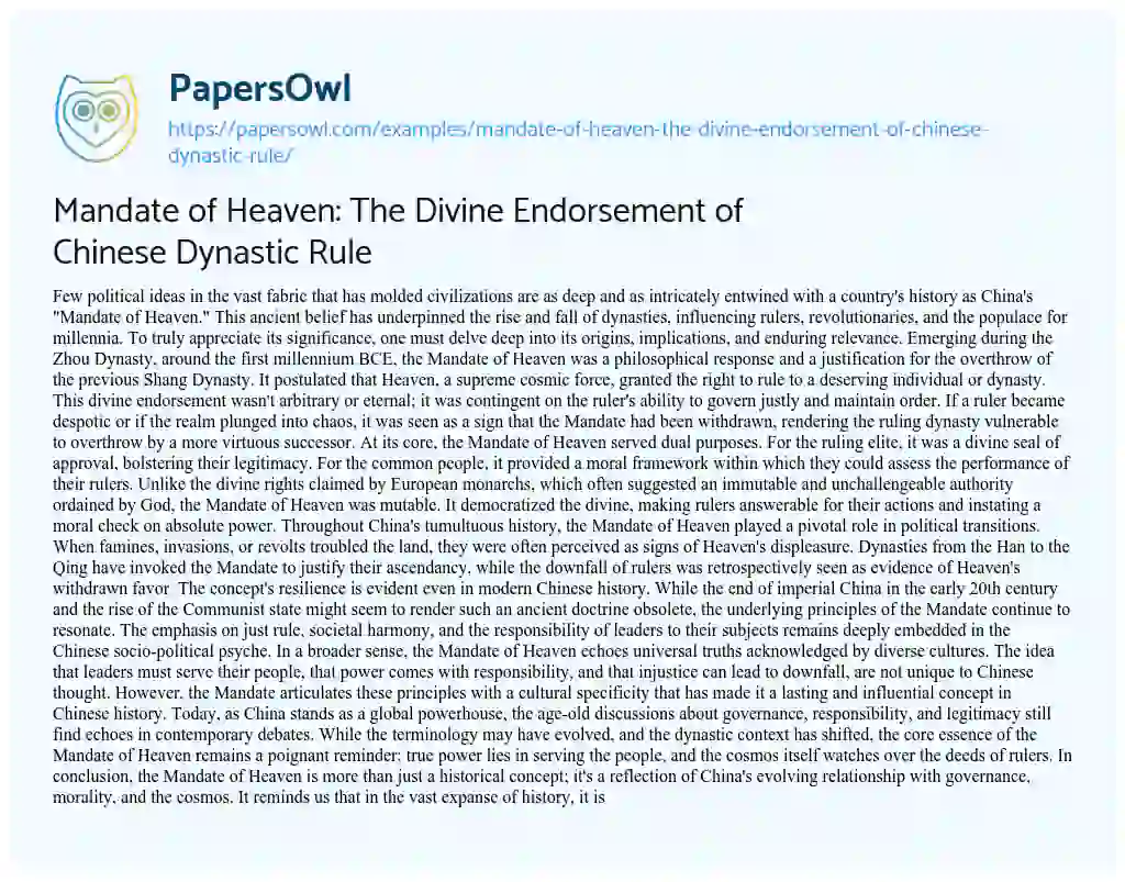 Essay on Mandate of Heaven: the Divine Endorsement of Chinese Dynastic Rule