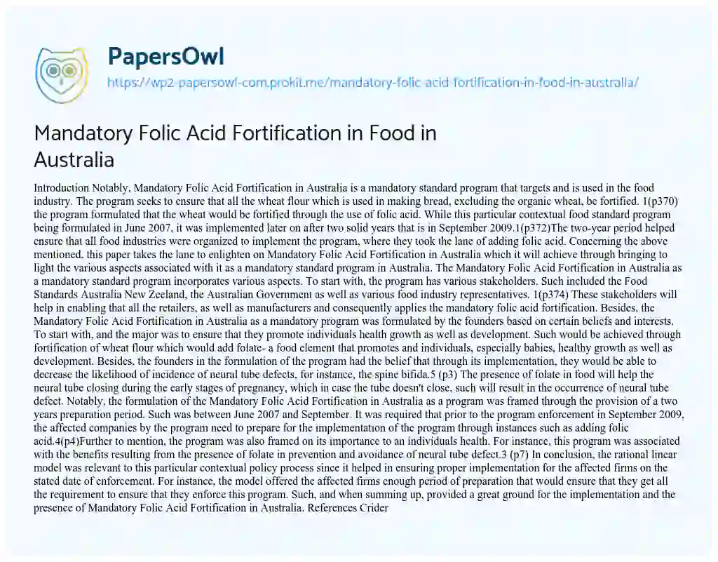 Essay on Mandatory Folic Acid Fortification in Food in Australia