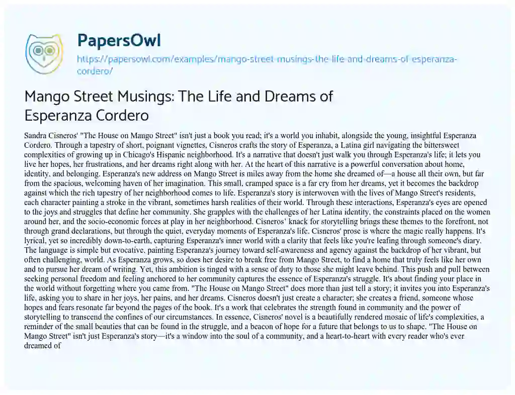 Essay on Mango Street Musings: the Life and Dreams of Esperanza Cordero
