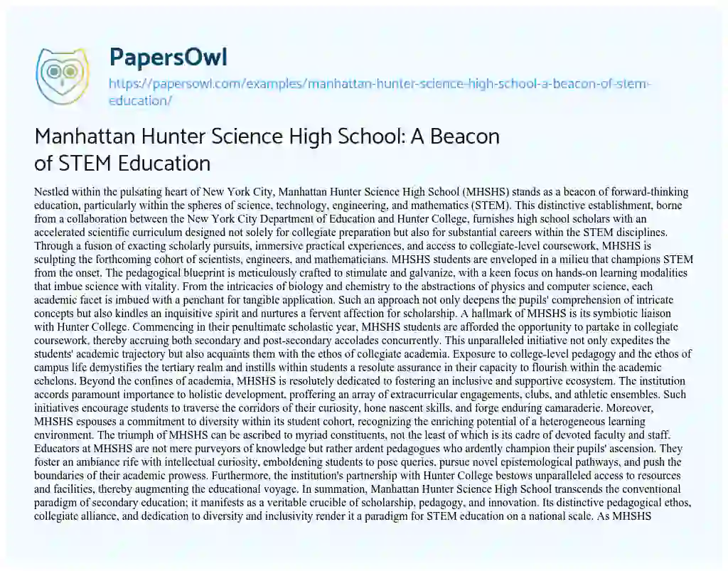 Essay on Manhattan Hunter Science High School: a Beacon of STEM Education