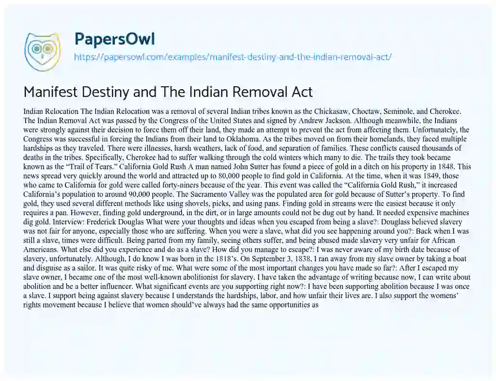 Essay on Manifest Destiny and the Indian Removal Act