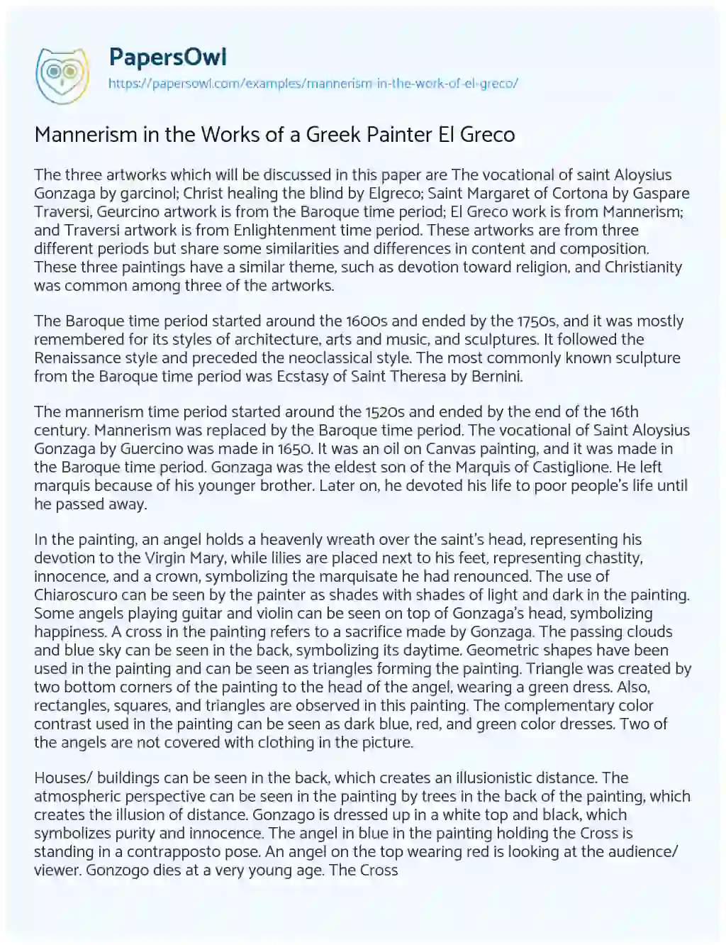 Essay on Mannerism in the Works of a Greek Painter El Greco