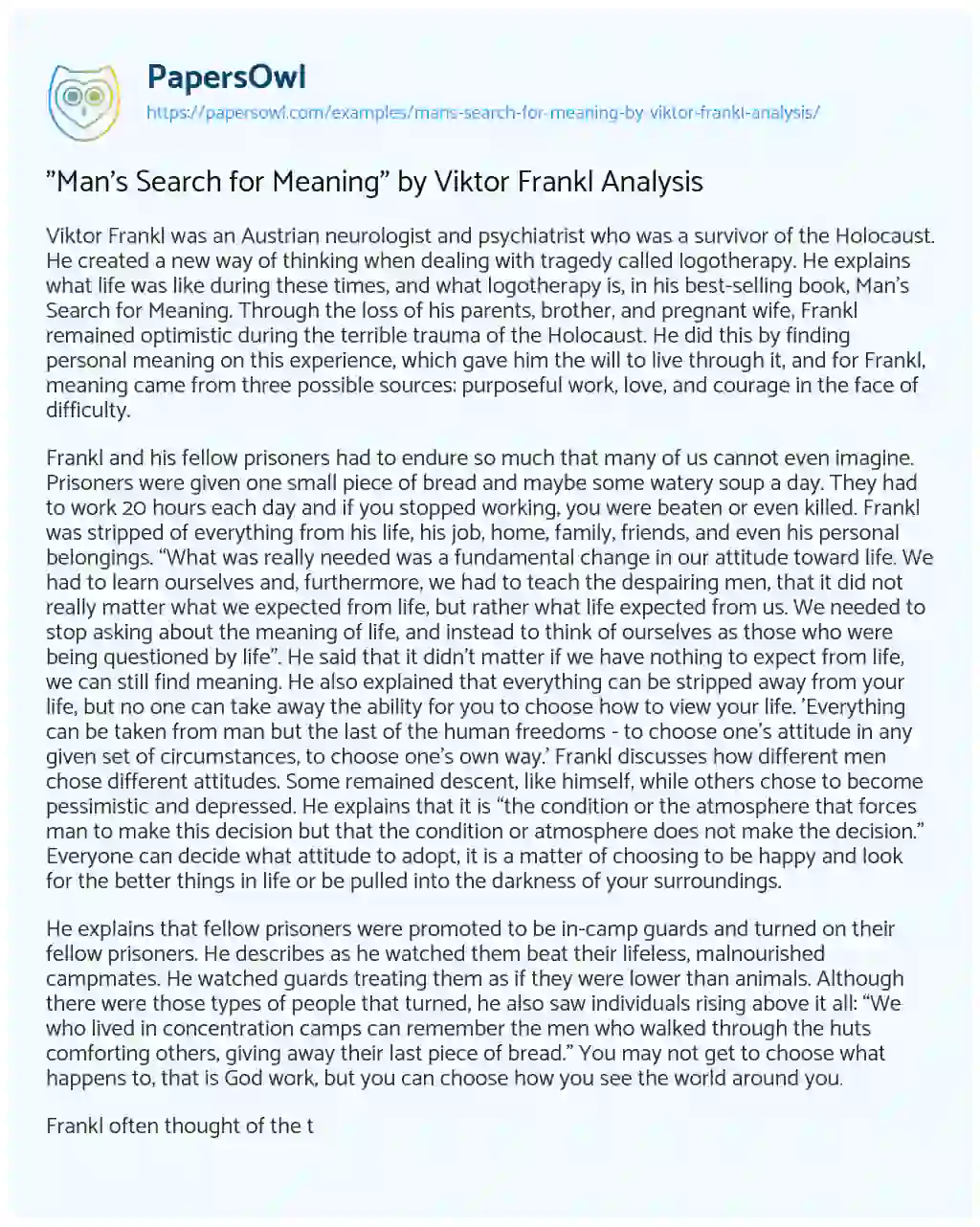 Essay on “Man’s Search for Meaning” by Viktor Frankl Analysis