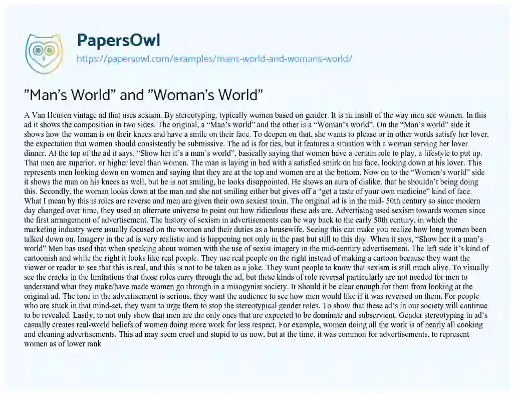 Essay on “Man’s World” and “Woman’s World”