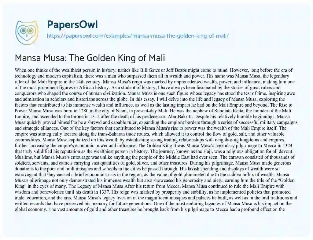 Essay on Mansa Musa: The Golden King of Mali