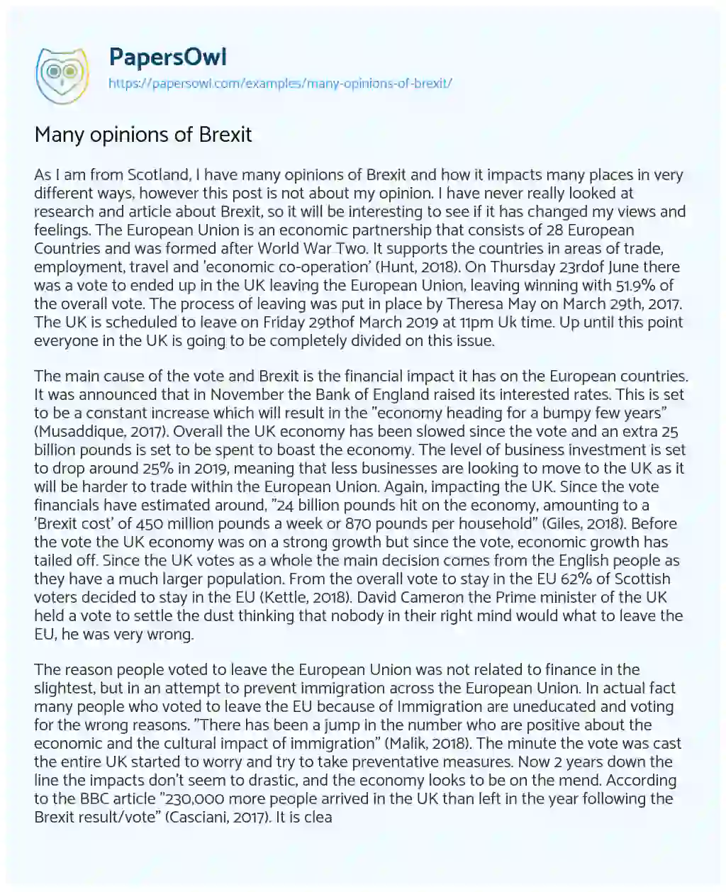 Essay on Many Opinions of Brexit