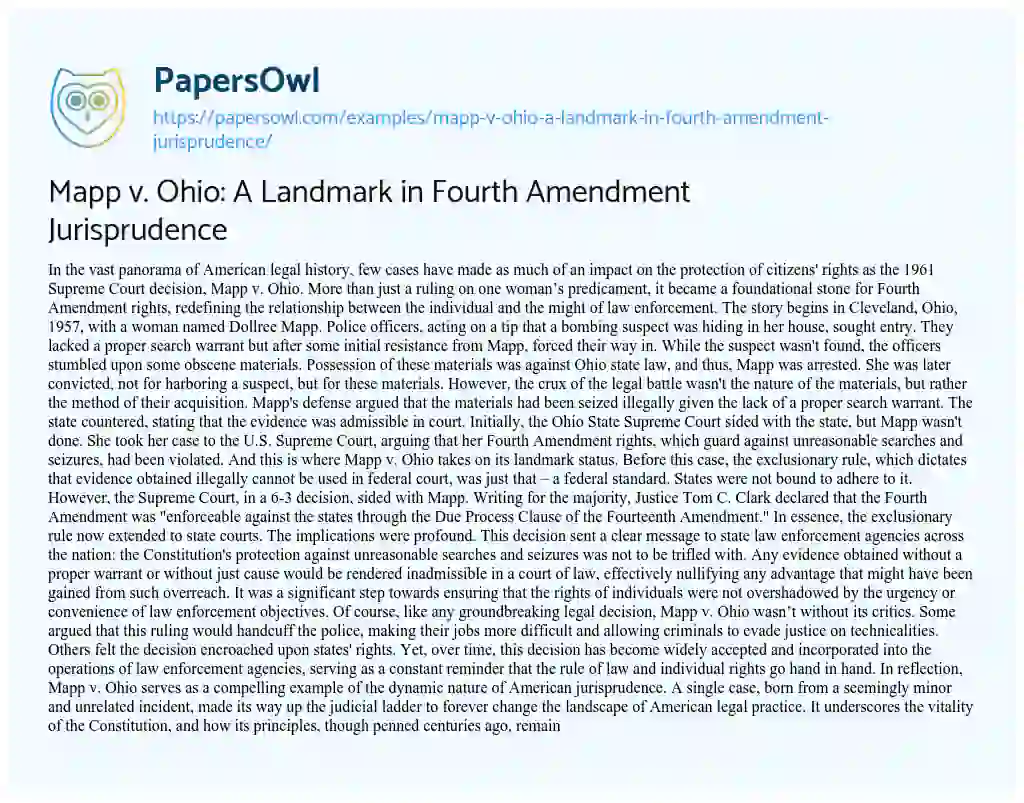 Essay on Mapp V. Ohio: a Landmark in Fourth Amendment Jurisprudence